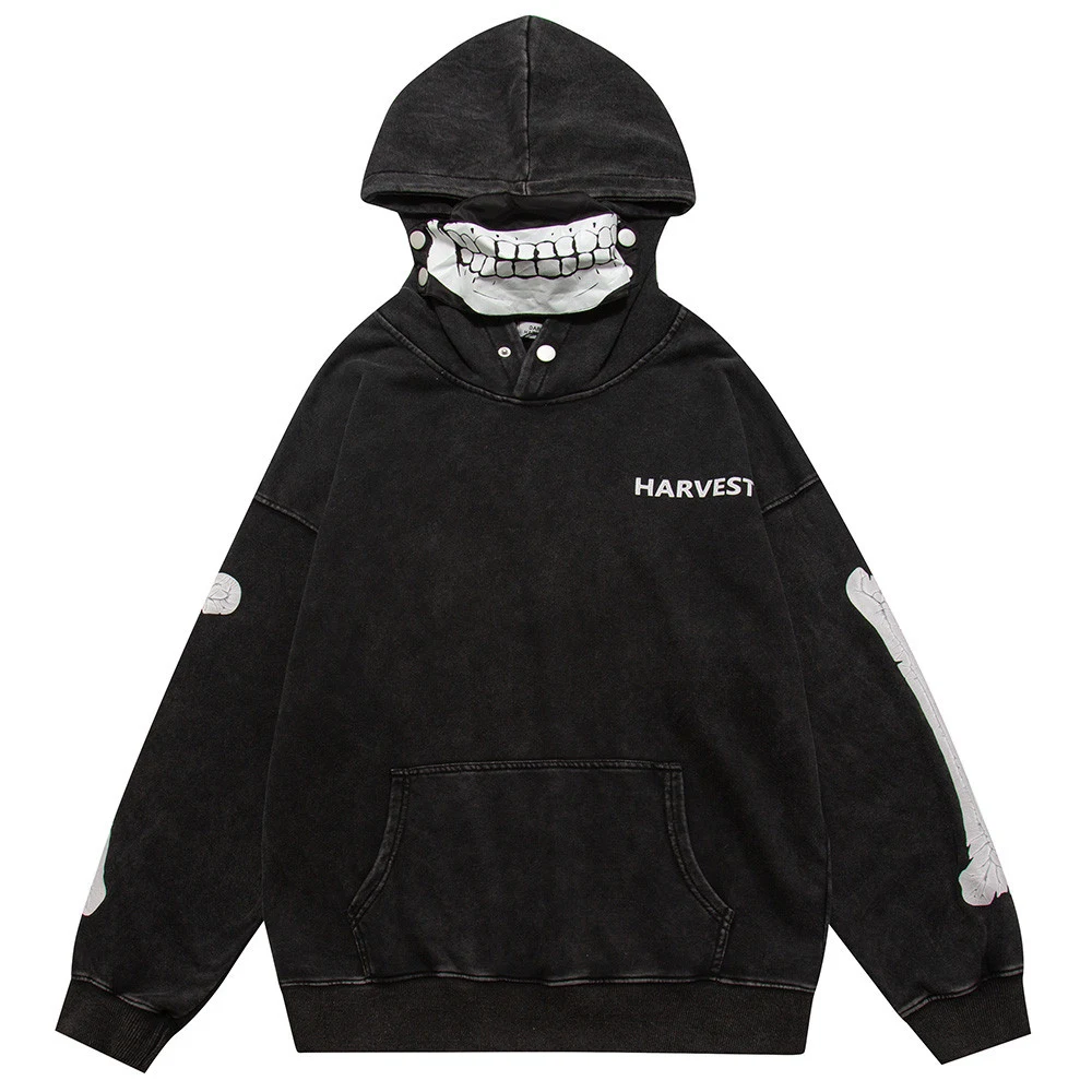 Moletom com capuz High Street com máscara facial estampada de esqueleto, estilo urbano, proteção e conforto, perfeito para o dia a dia. — foto 1
