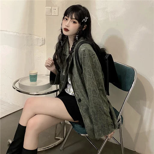 Title 4, Harajuku Army Green Snake Print Loose Thin Blazer