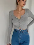 Homemade super revealing high waisted short top with collarbone exposure and long sleeves. A spicy look that girls love — photo 6