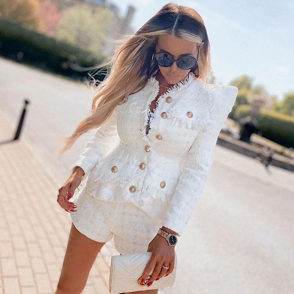 Tweed Jas Shorts Pak Twee-delig Pak Tijdloze elegantie voor een verfijnde en veelzijdige look. Perfect voor elke gelegenheid, zakelijk of casual — foto 5