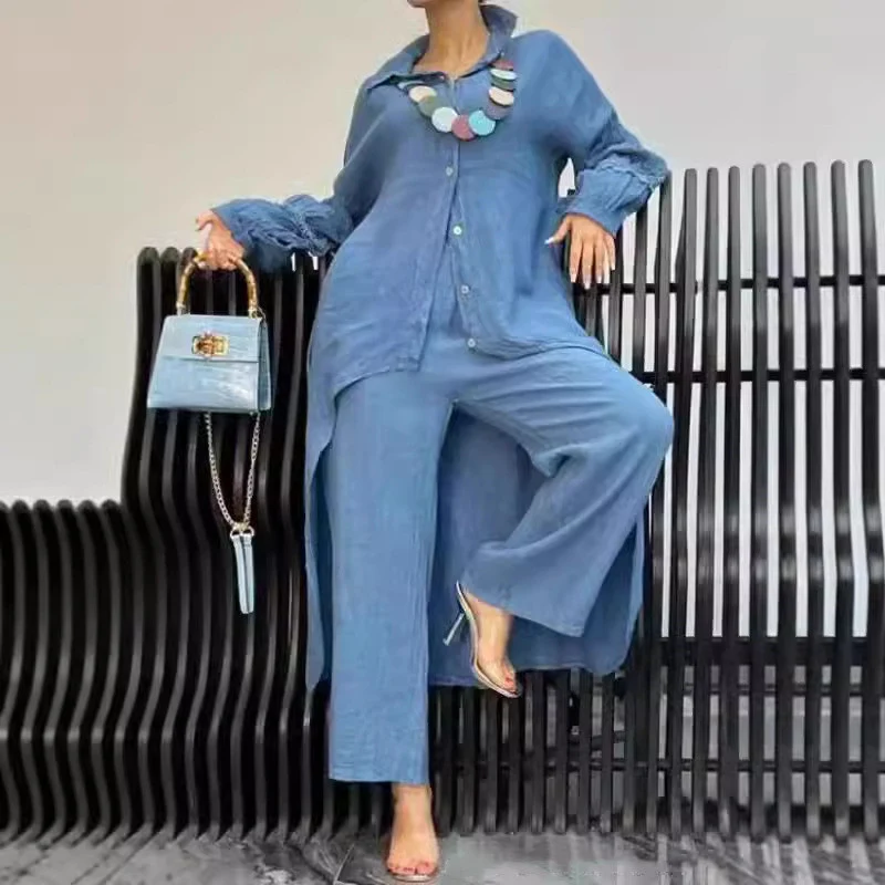 Title 4, Womens Cotton And Linen Shirt Wide Leg Pants Suit