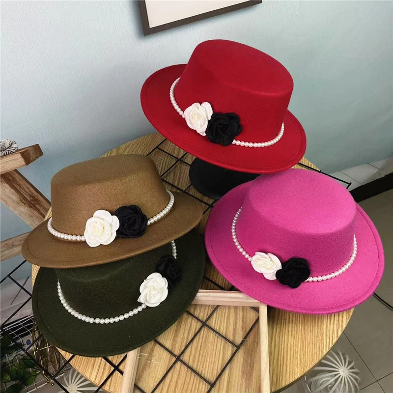 Title 3, Vintage Top Hat Female Pearl Chain Flower Woole...