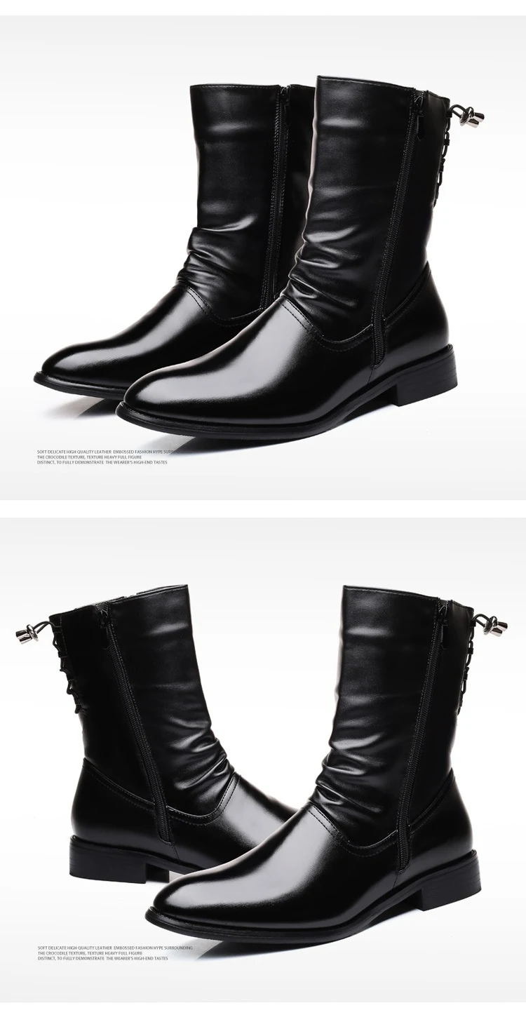 Botas de Couro Pontudas Masculinas Estilo Britânico Coreano Sapatos de Couro Cano Alto Até o Meio da Panturrilha Conforto e Elegância — foto 5
