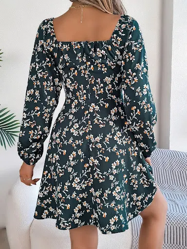 Title 8, Fashion Floral Print Lantern Sleeve Dress Casua...