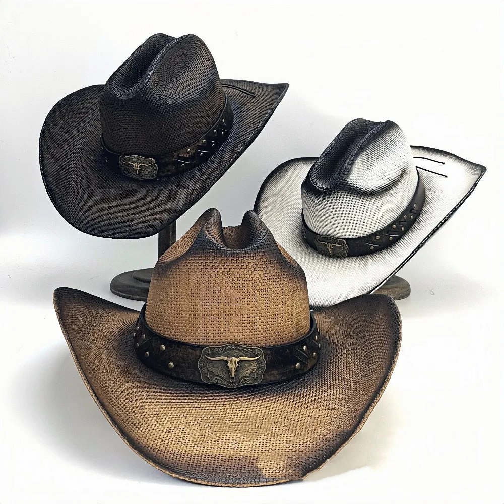 Retro Cowboy Hat Cow Head Belt Decoration. Elevate your style with this unique hat. Perfect for adding a vintage touch — photo 7