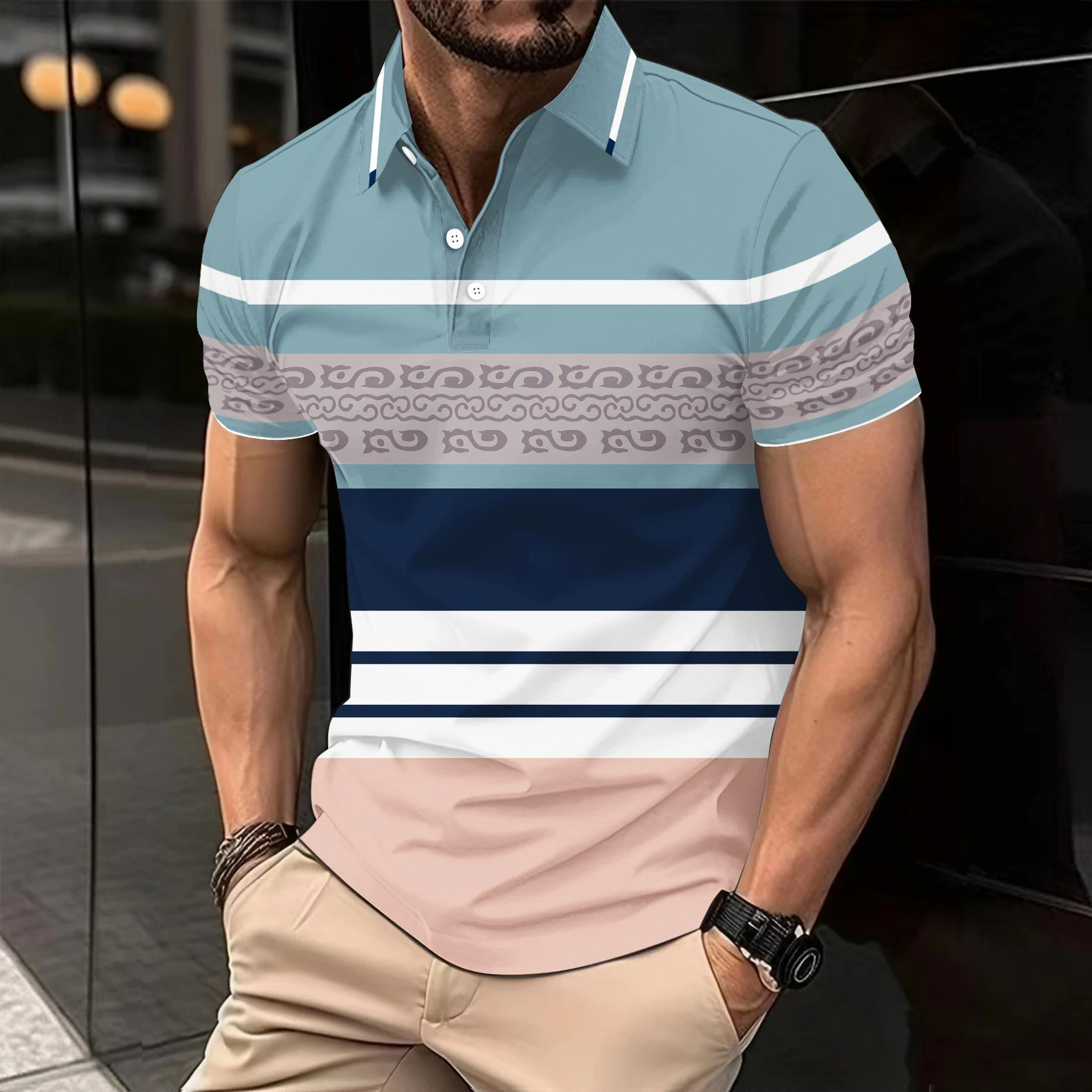 Camiseta casual de manga curta com estampa de bloco de cores. Perfeita para um visual descontraído e moderno. Conforto e estilo para todas as ocasiões. — foto 5