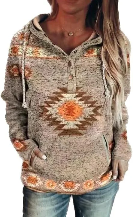 Sudadera con capucha con botones marrones y estampado abstracto de naturaleza animal retro — foto 4