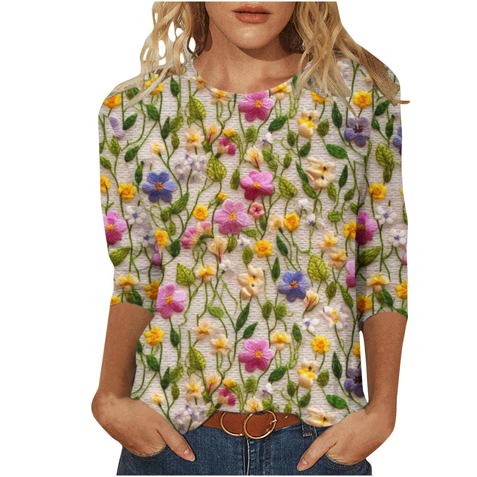 Camiseta Feminina 7/8 Manga com Estampa 3D e Gola Redonda Casual – Conforto e estilo para o dia a dia da mulher moderna. — foto 16