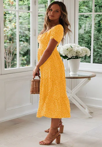 Title 28, Square Collar Short Sleeve Dress Summer Puff Fl...
