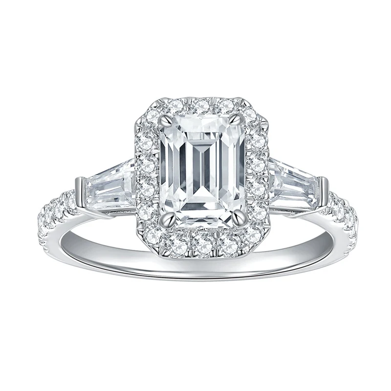 Title 1, Anel Moissanite corte esmeralda D-color em prat...