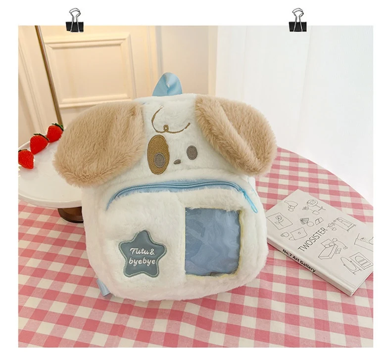 Mochila estilo JK Lolita japonesa fofa com orelhas de gato e design de cachorrinho peludo para meninas. Um toque kawaii e com coração para looks únicos — foto 14