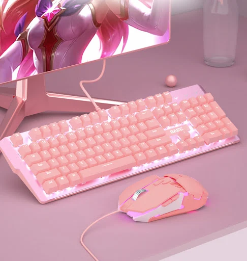 Title 2, Pink Mechanical Keyboard and Mouse Set for Girl...