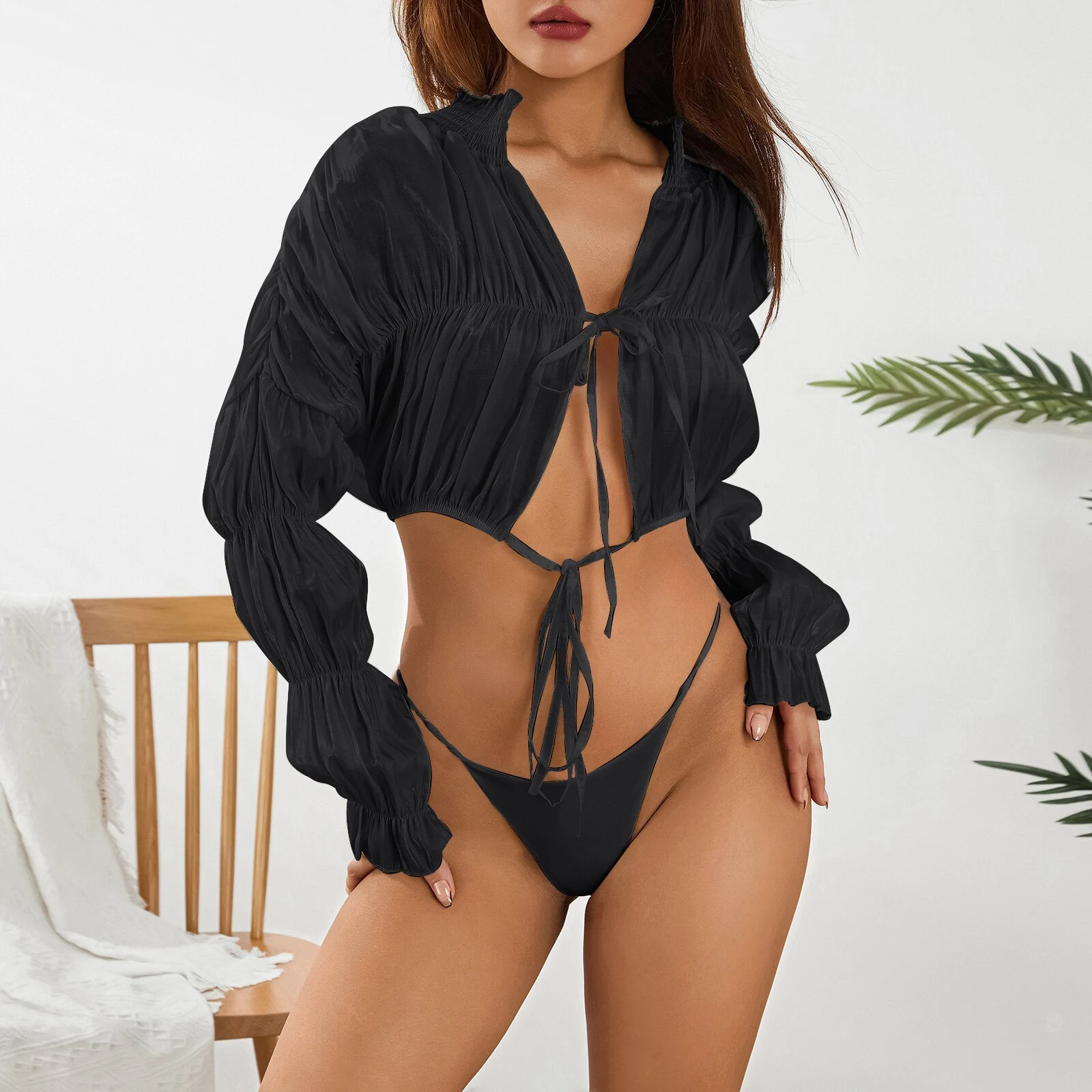 Title 15, Womens Fashion Tie Long-sleeved Short Top. A v...