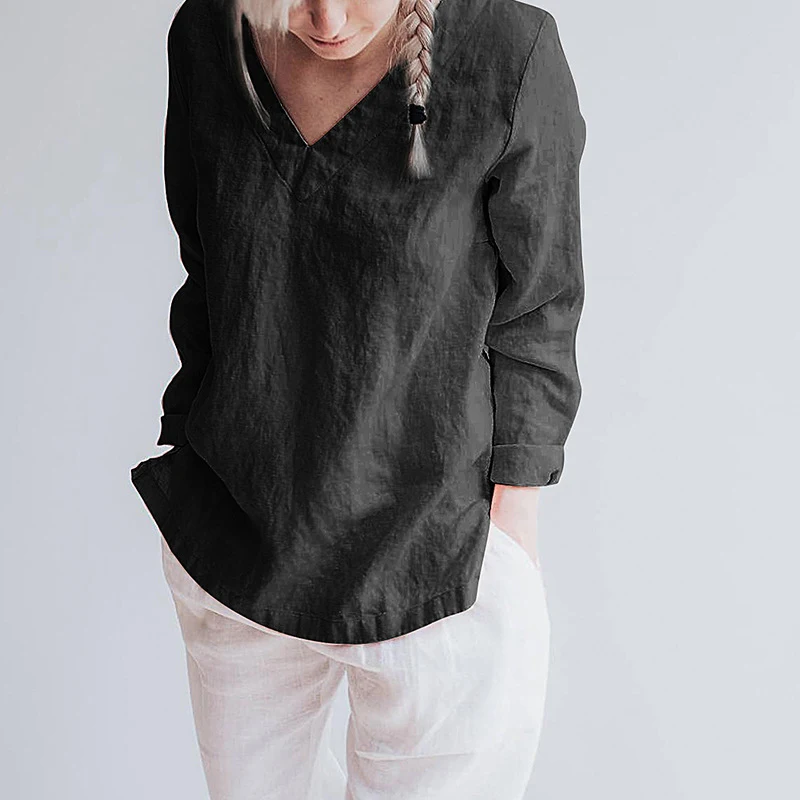 Women's Pure Linen V Neck Long Sleeve Top — photo 4