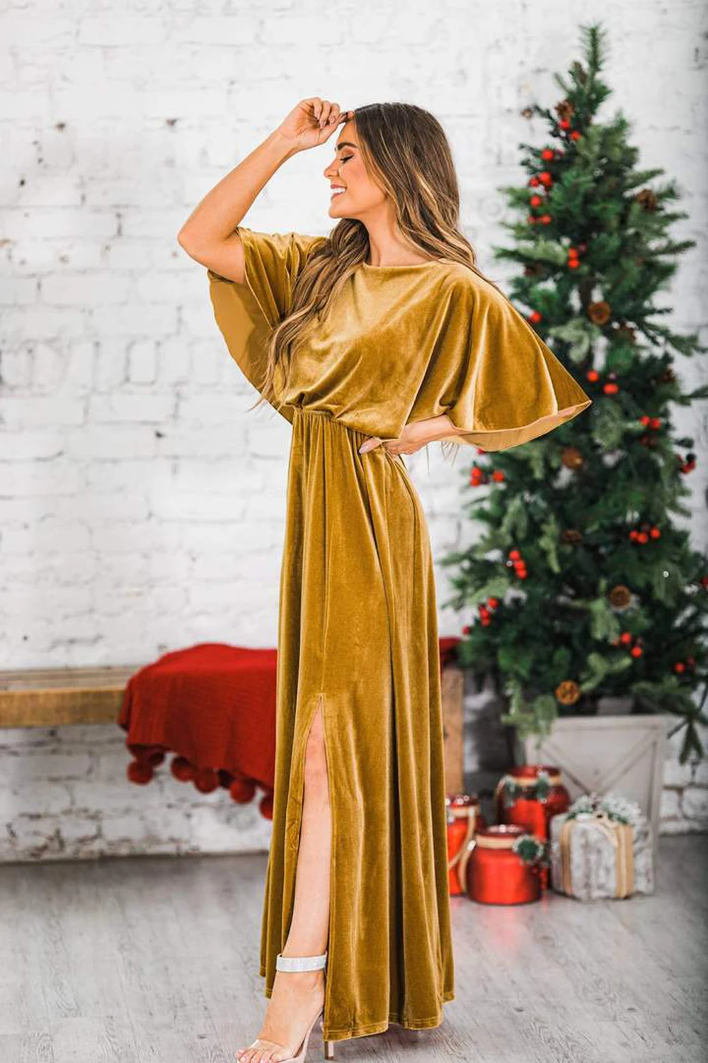 Title 4, Summer Elegant Dress Gold Velvet Round Neck Hig...