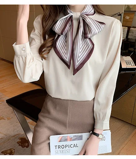 Title 10, Camisa feminina de cetim listrada com laço, ele...