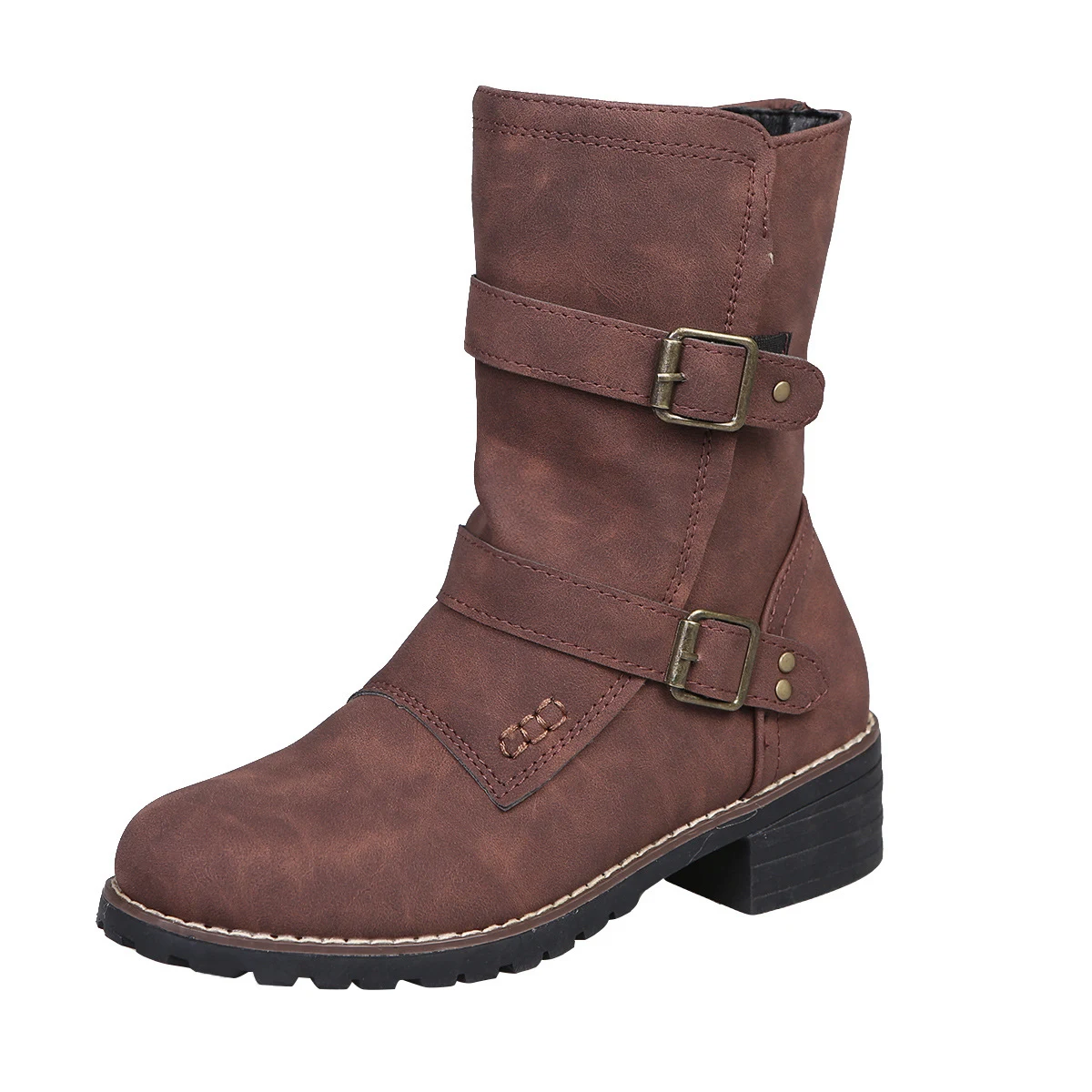 Botas femininas casuais com bico redondo e fivela no cinto. Conforto e estilo para um visual moderno e versátil em diversas ocasiões. — foto 2