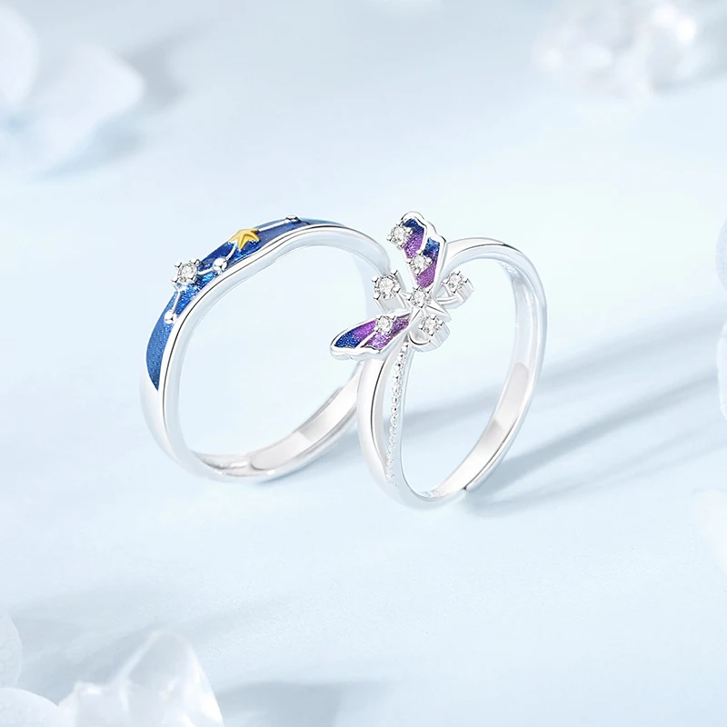 Anel para casais Starry Butterfly Lovers, prata pura, pequeno e popular, perfeito para celebrar o amor e união. — foto 3