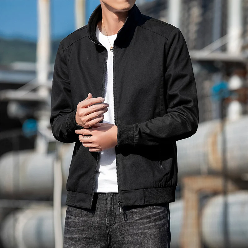 Jaqueta outono masculina com gola alta curta, casual com zíper, estilo coreano moderno, resistente ao desgaste, preta, ideal para trabalho. — foto 1