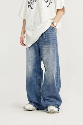 Title 18, Mens Loose Straight Jeans Mid-High Waist Washe...