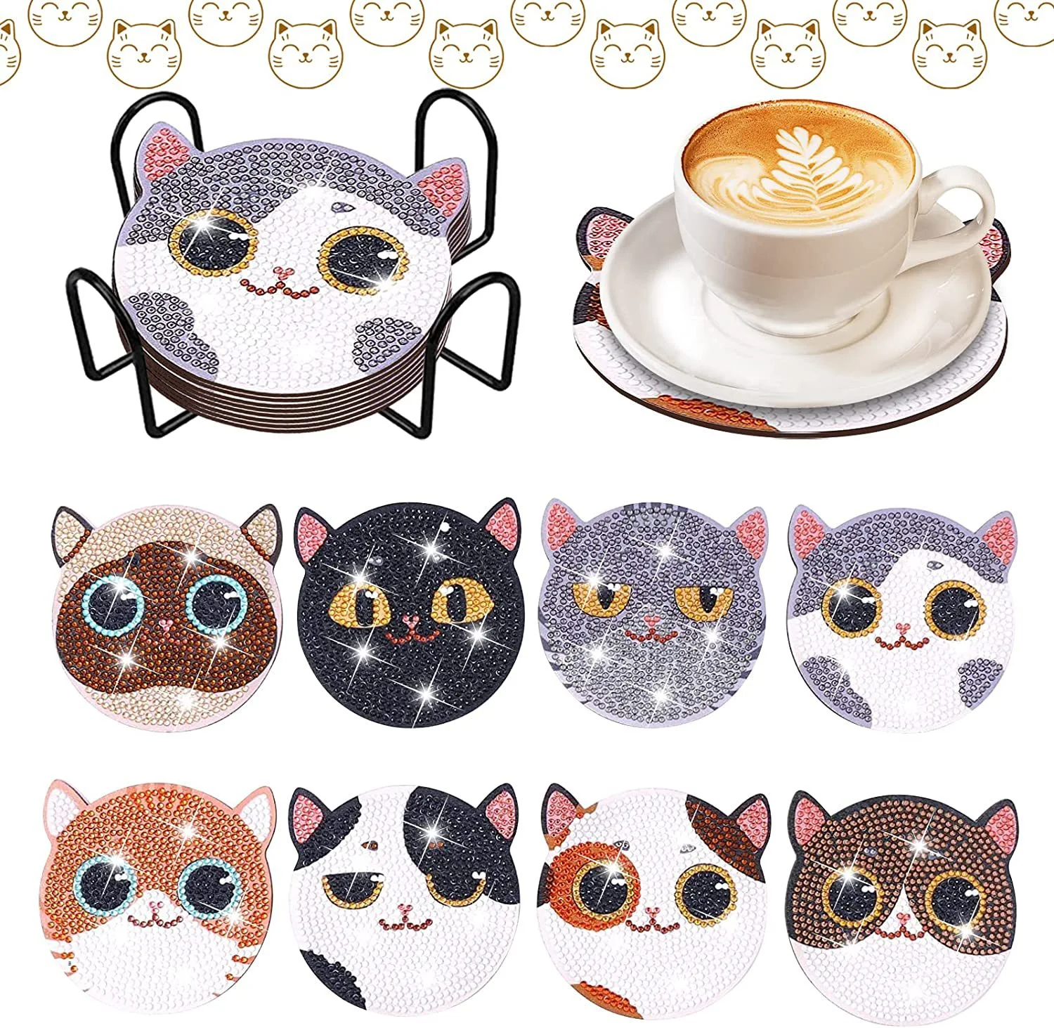 Crystal Diamond Painted Art Coaster With Stand Animal Cat Style protects your surfaces and adds a touch of art to your d — photo 4