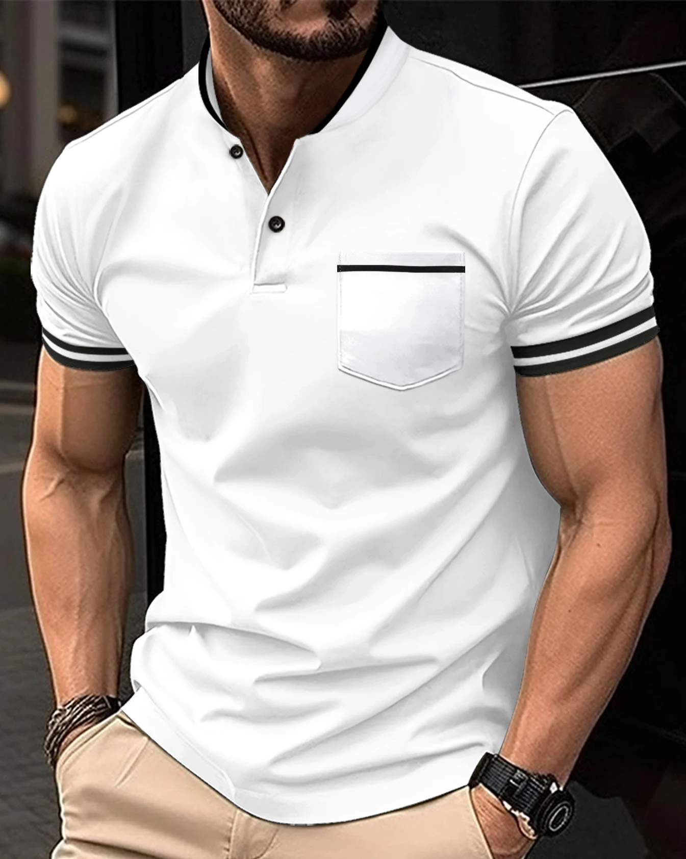 Title 4, Mens Solid Standing Collar Pocket Short Sleeve...