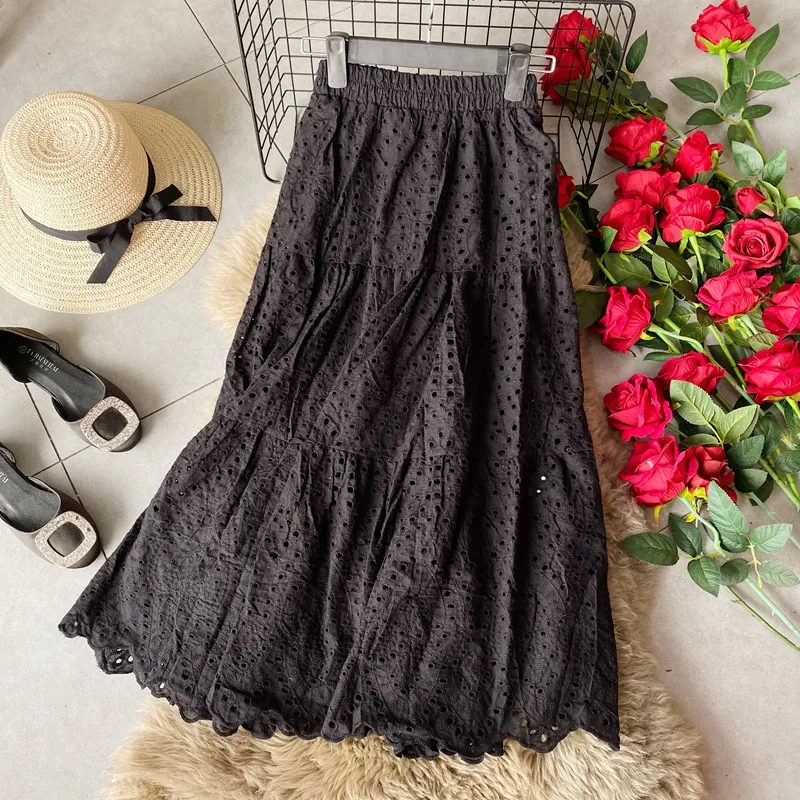 Title 20, Elastic Waist Hollow Quality Skirt Mid-length f...