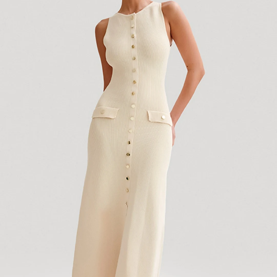 Lange feestjurk zonder mouwen, ronde hals, hoge taille, slanke pasvorm voor banketten en speciale gelegenheden, elegant design — foto 12