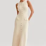 Lange feestjurk zonder mouwen, ronde hals, hoge taille, slanke pasvorm voor banketten en speciale gelegenheden, elegant design — foto 12