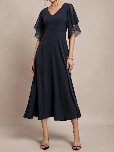 Title 6, V-neck Ruffle Cuff Elegant Plain Dress Women