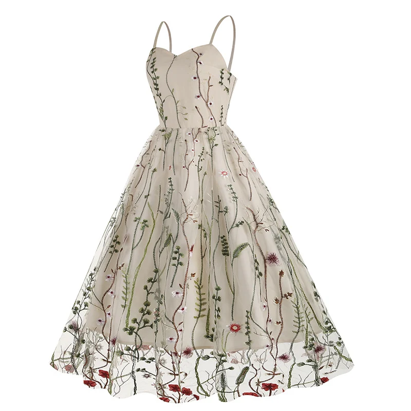 Title 13, Retro jurk met bandjes, geborduurde mesh patchw...