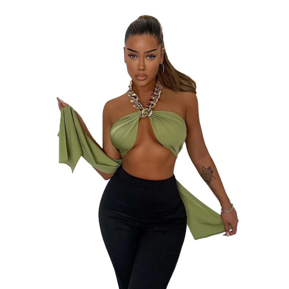 Spring and Summer Metal Chain Sexy Wrapped Chest Strap Halterneck Top for Women. Enhance your style with this fashionabl — photo 1