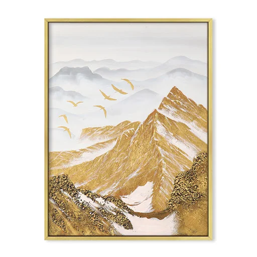 Title 6, Astratto Golden Montagna di Neve Uccello Wall A...