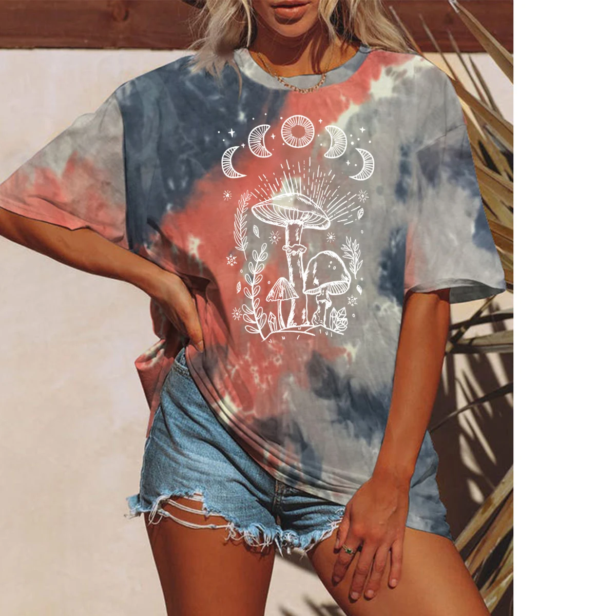 Tie-dyed T-shirt Female Star Sun Moon Mushroom Print Short Sleeve — photo 1