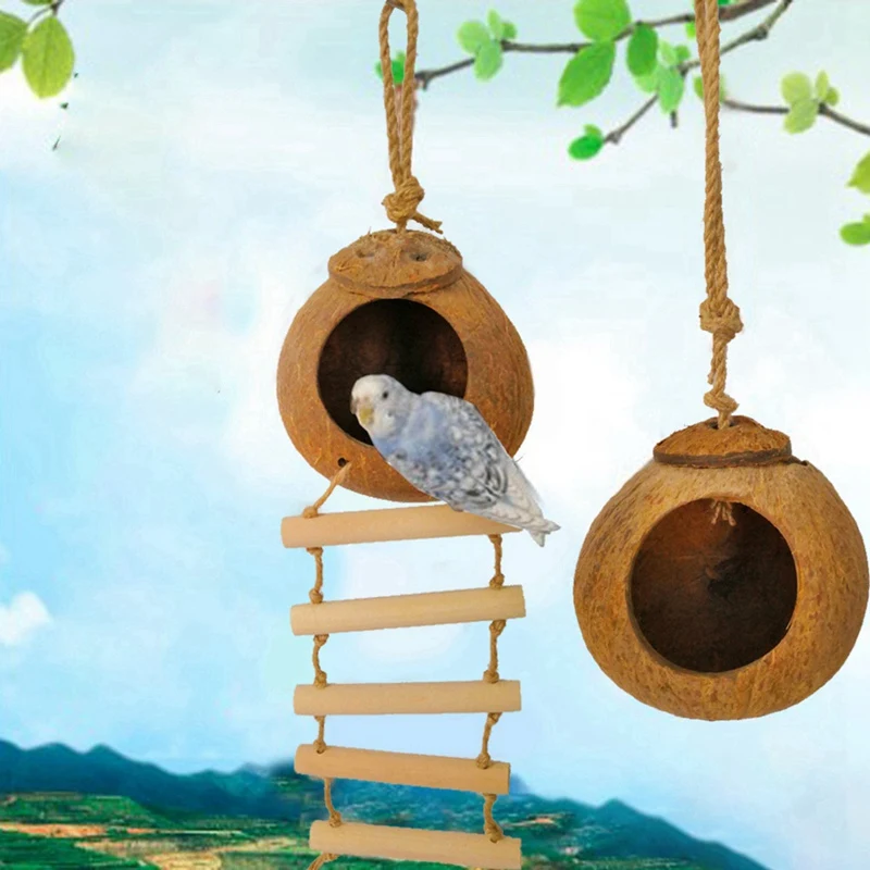 Title 3, Natural coconut shell bird nest, offering a saf...