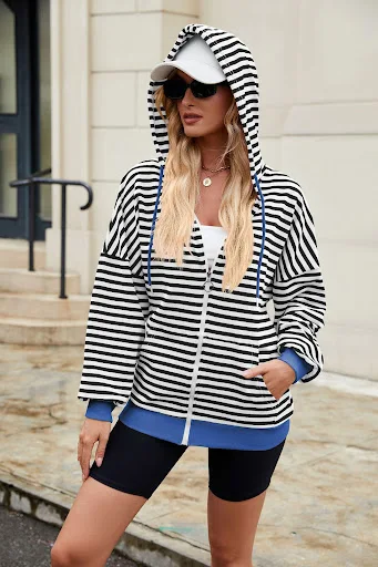 Title 2, Womens Striped Zipper Hooded Sweatshirt, Loose...