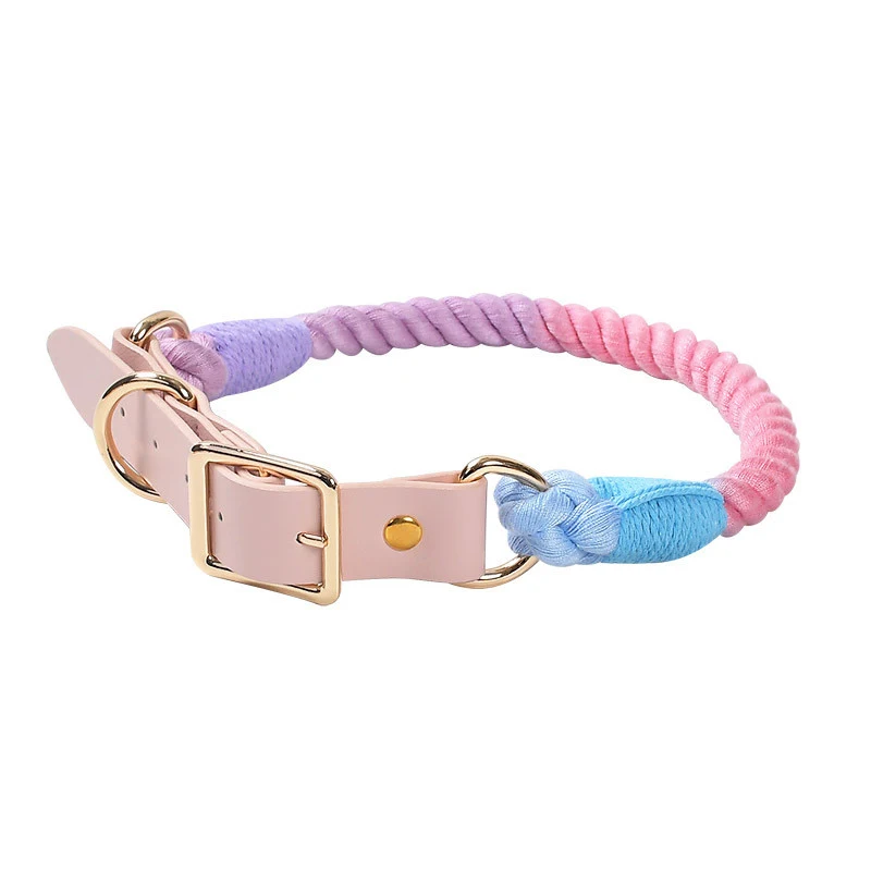 Title 10, Hand Woven Cotton Rope Leather PU Pet Collar. S...
