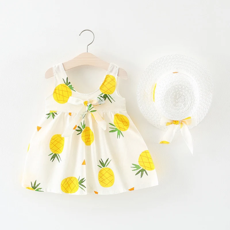 Mädchen Prinzessinnenkleid Sommer Schleife Ananasdruck mit Hut, perfekt für warme Tage, bezaubernd und bequem. — foto 1