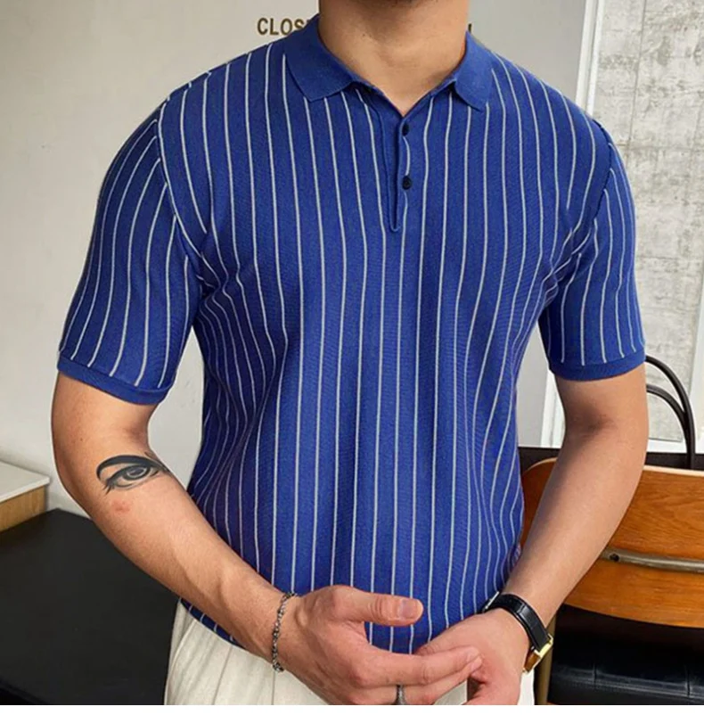 Title 4, Summer New Striped Slim-fit Short Sleeve Lapel ...
