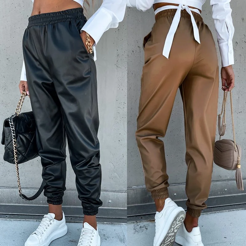 Pantalones de cuero casuales de longitud media para mujer con bolsillos, estilo temperamental, perfectos para looks diarios elegantes y cómodos. — foto 2
