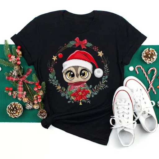 Title 10, Christmas Penguin Owl Print Womens Black T-Shi...