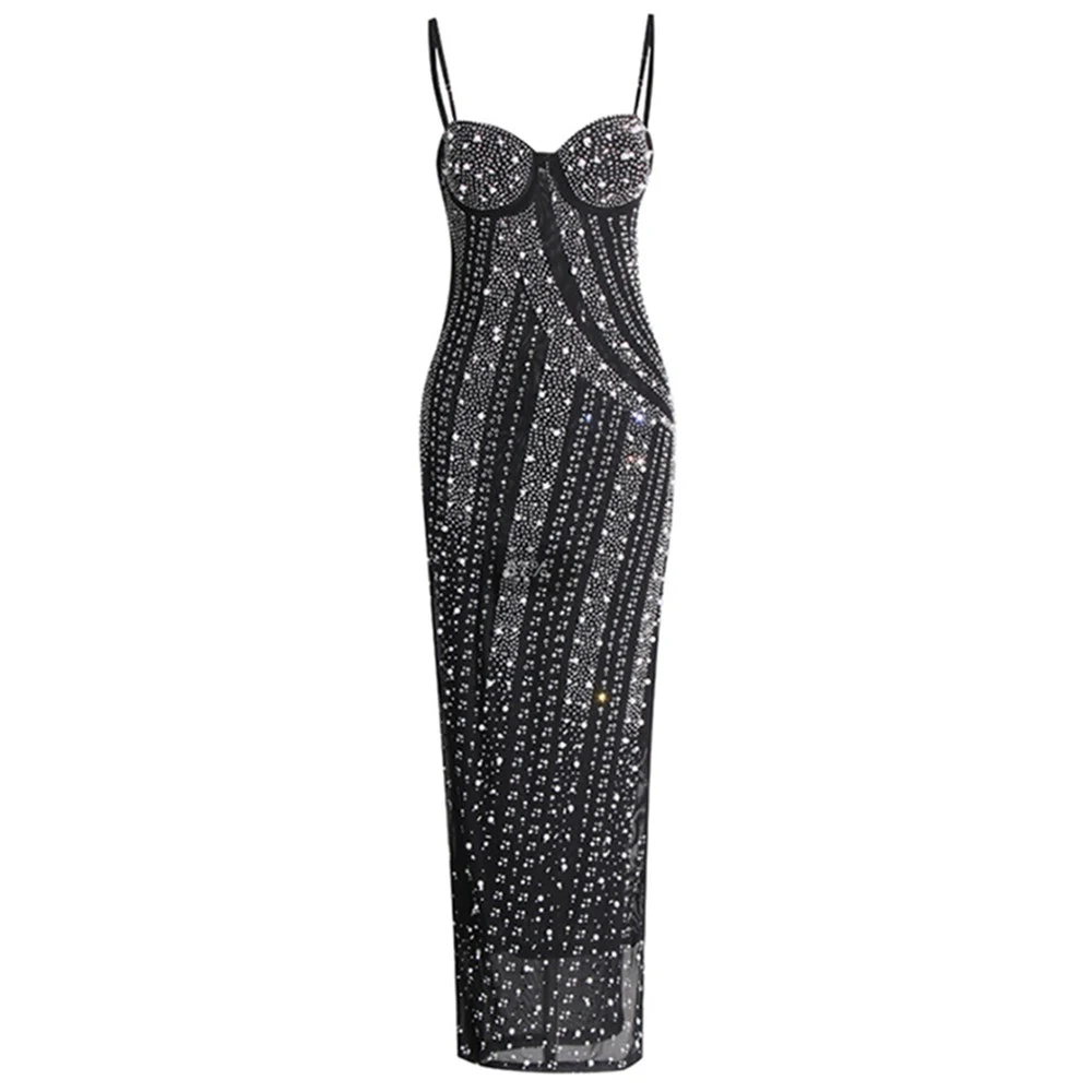 Net Drill Rhinestone Split Strap Dress, a stylish choice for special events. Highlight your figure and feel confident an — photo 4