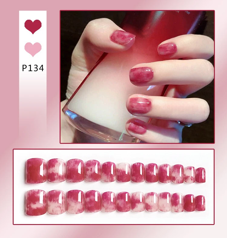 Net Red False Nails with Peach Heart Design, Adhesive and Removable, Finished Nail Look, Easy Application, Removable Nai — photo 4