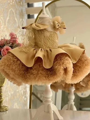 Title 6, Vestido Infantil de Natal Dourado Champagne Fan...