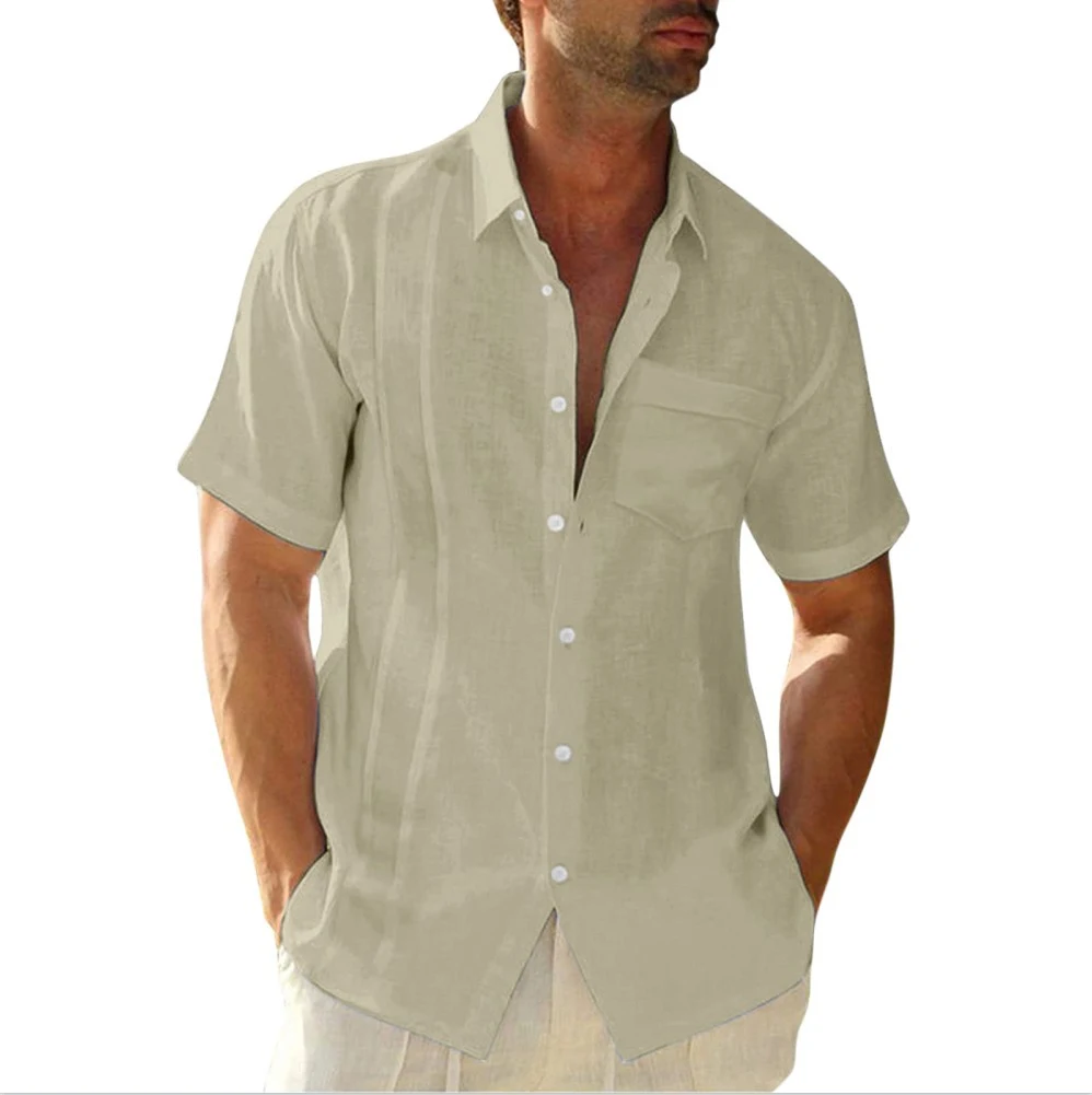 Camisa masculina de manga curta com lapela e cor sólida, ideal para um visual casual e moderno. Conforto e estilo garantidos para o dia a dia. — foto 8