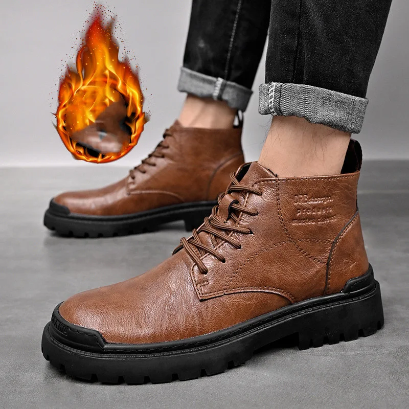 Men's Leather Martin Boots High-top British Style Plus Velvet Mid-top Trendy Shoes for Comfort and Fashion — photo 2
