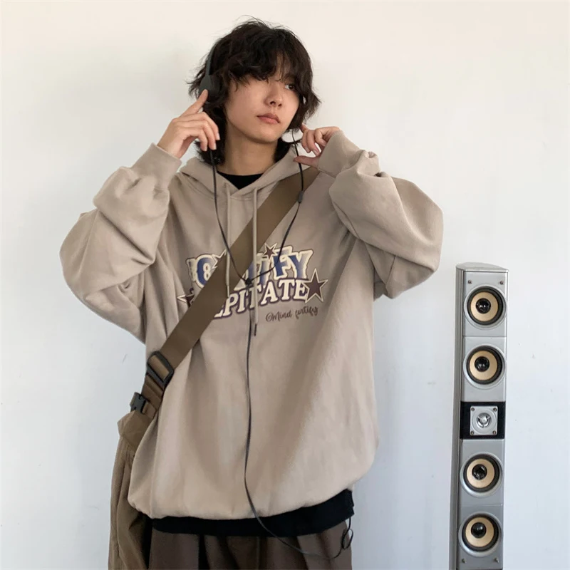 Moletom com capuz unissex folgado de outono inverno com letras vintage e contraste, perfeito para um visual casual e confortável. — foto 1