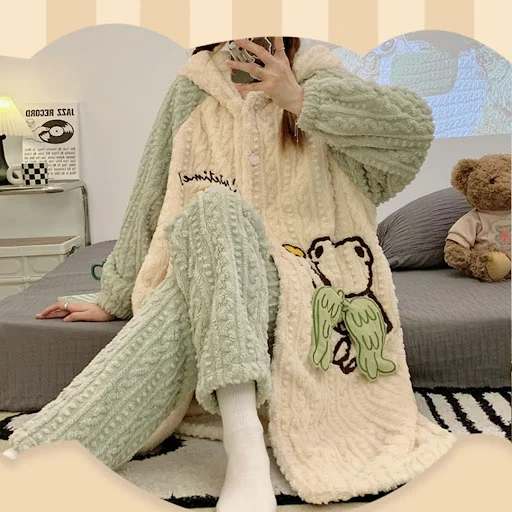 Title 1, Womens Thickened Warm Sweet Cartoon Pajamas Set