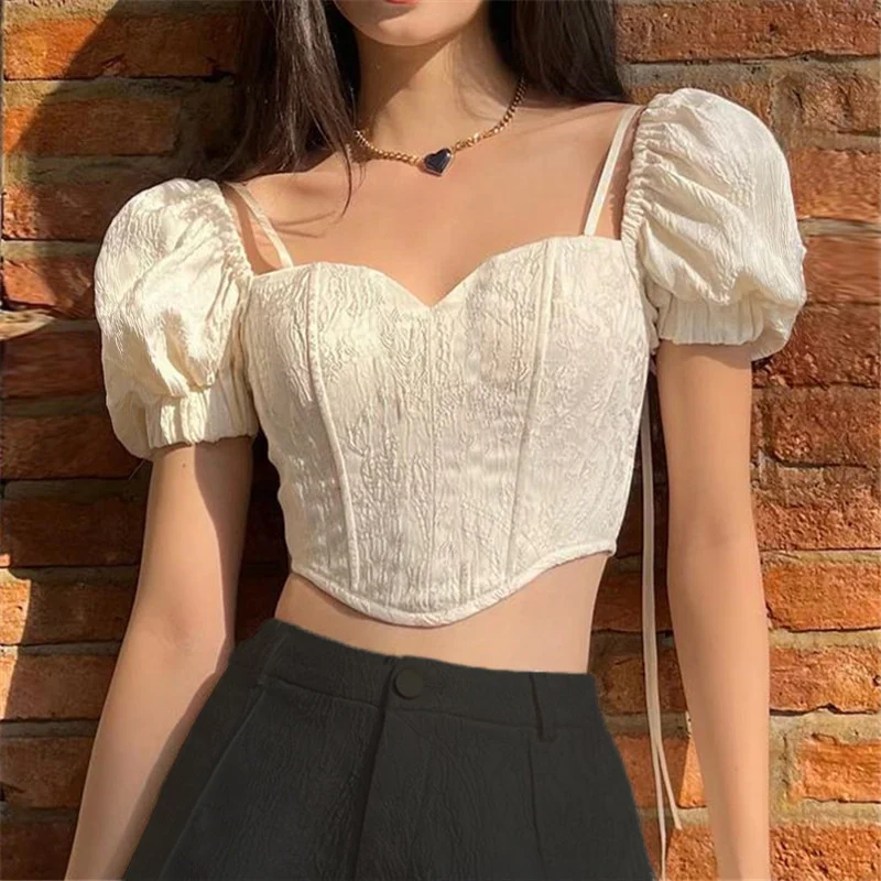 Summer Sexy French Style Square Collar Back Bow Puff Short Sleeve Top — photo 16