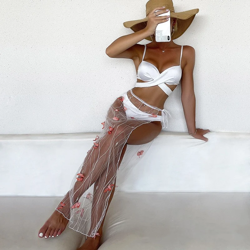 Title 3, Three-piece Long Skirt Solid Color Lace-up Swim...
